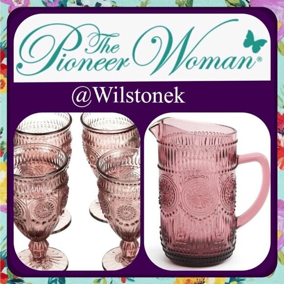 The Pioneer Woman Plum Purple Adeline 1.59-Liter Glass Pitcher & 4 Plum goblets - Picture 1 of 7